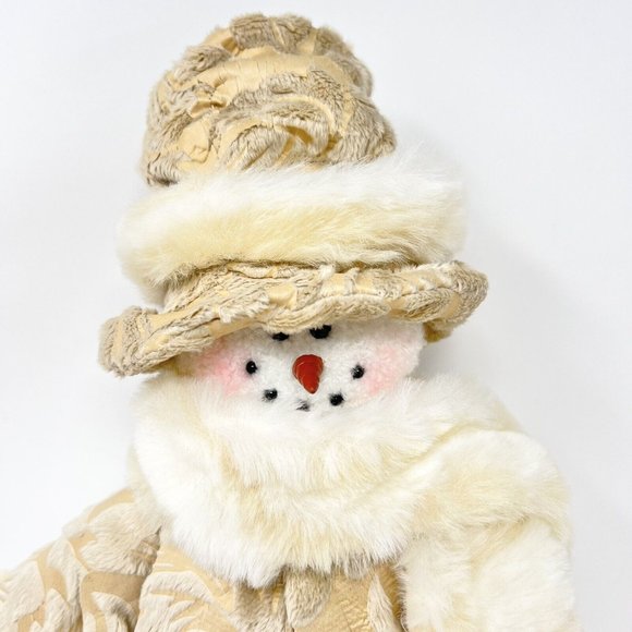 Snowman Woman 16" Winter Beige Coat Hat Faux Fur Holiday Scarf Weighted Bottom - Picture 2 of 6